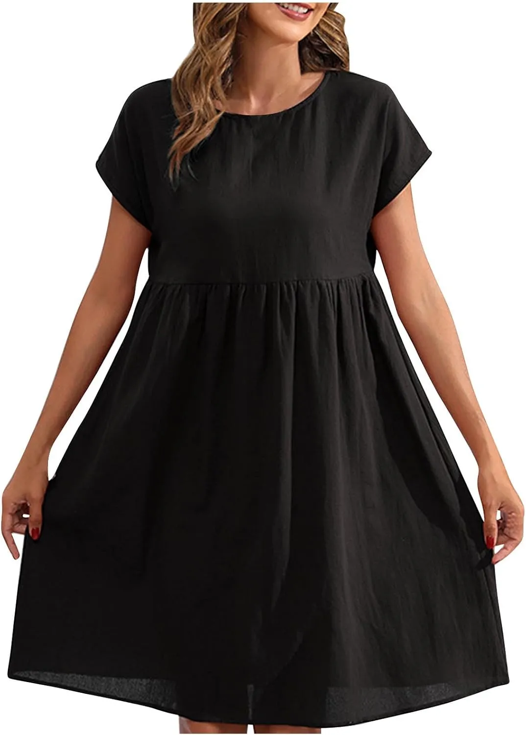 Cotton Linen Dresses for Women Casual Summer Short Sleeve Crew Neck Midi Dress Travel Vacation Beach Flowy Dress