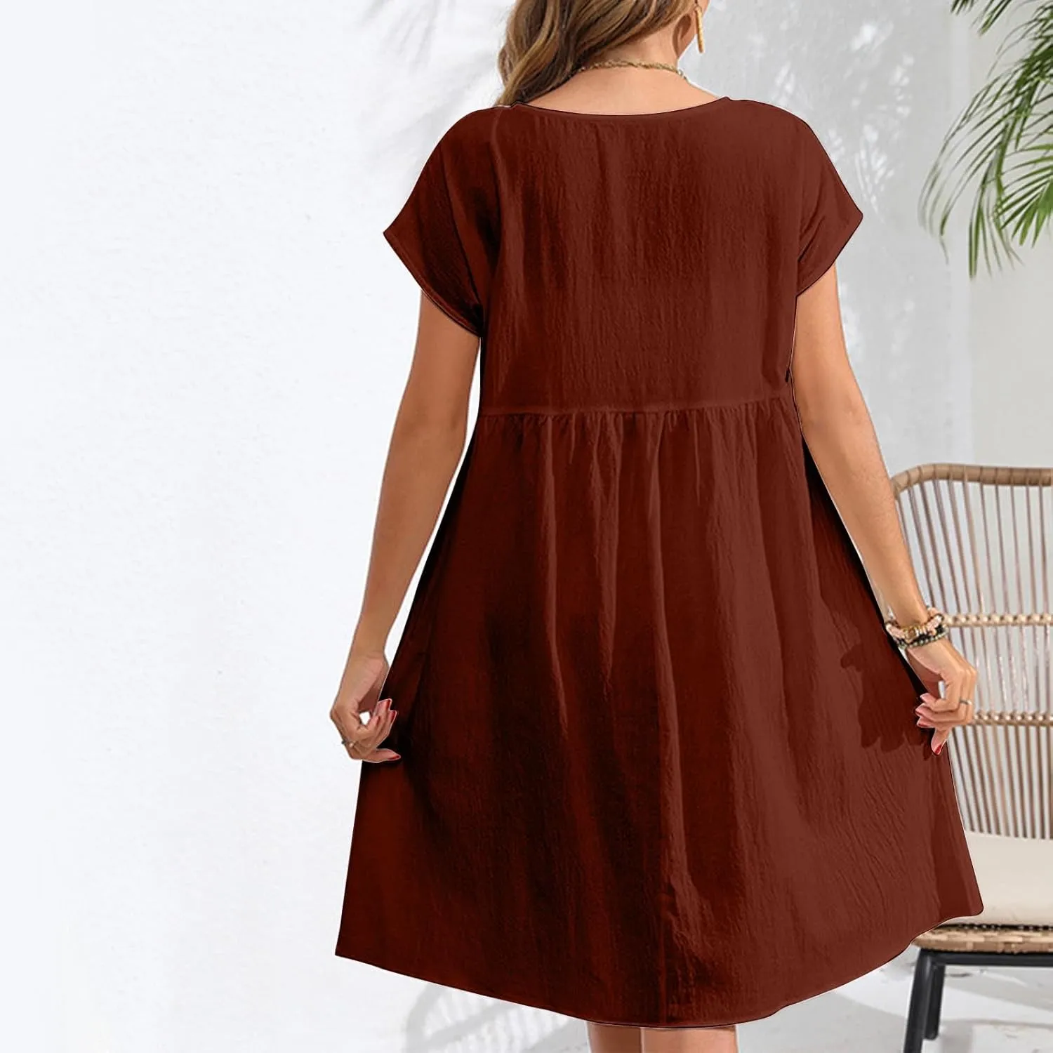 Cotton Linen Dresses for Women Casual Summer Short Sleeve Crew Neck Midi Dress Travel Vacation Beach Flowy Dress