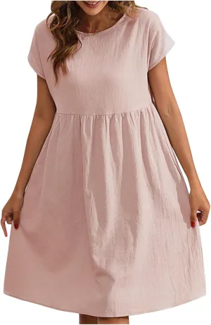 Cotton Linen Dresses for Women Casual Summer Short Sleeve Crew Neck Midi Dress Travel Vacation Beach Flowy Dress