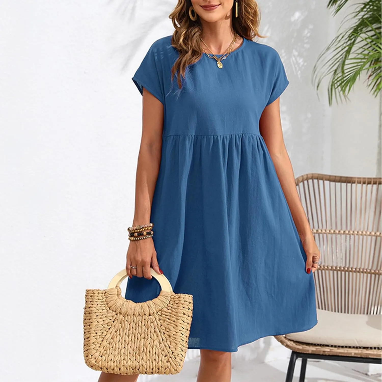 Cotton Linen Dresses for Women Casual Summer Short Sleeve Crew Neck Midi Dress Travel Vacation Beach Flowy Dress