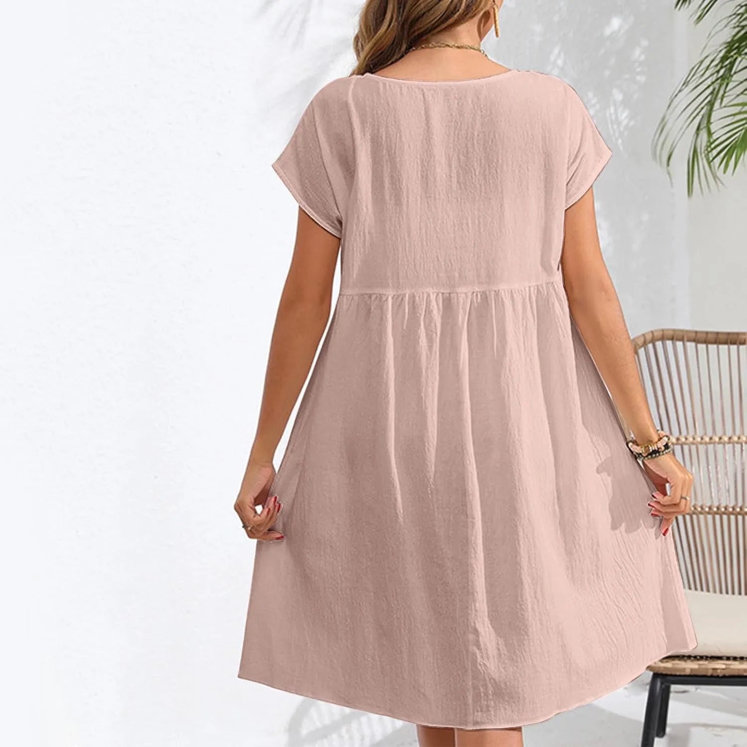 Cotton Linen Dresses for Women Casual Summer Short Sleeve Crew Neck Midi Dress Travel Vacation Beach Flowy Dress