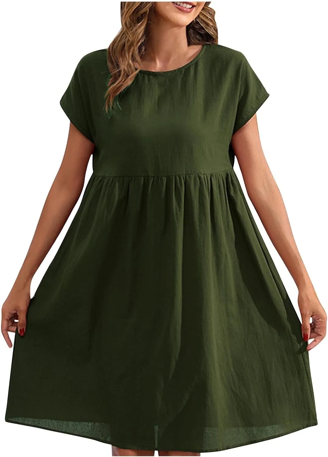 Cotton Linen Dresses for Women Casual Summer Short Sleeve Crew Neck Midi Dress Travel Vacation Beach Flowy Dress