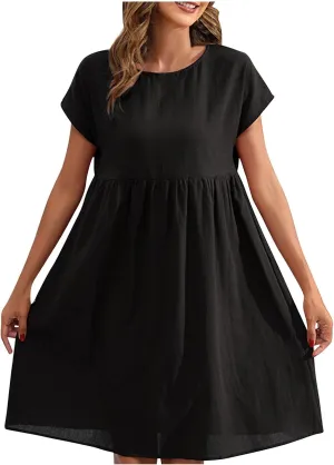 Cotton Linen Dresses for Women Casual Summer Short Sleeve Crew Neck Midi Dress Travel Vacation Beach Flowy Dress