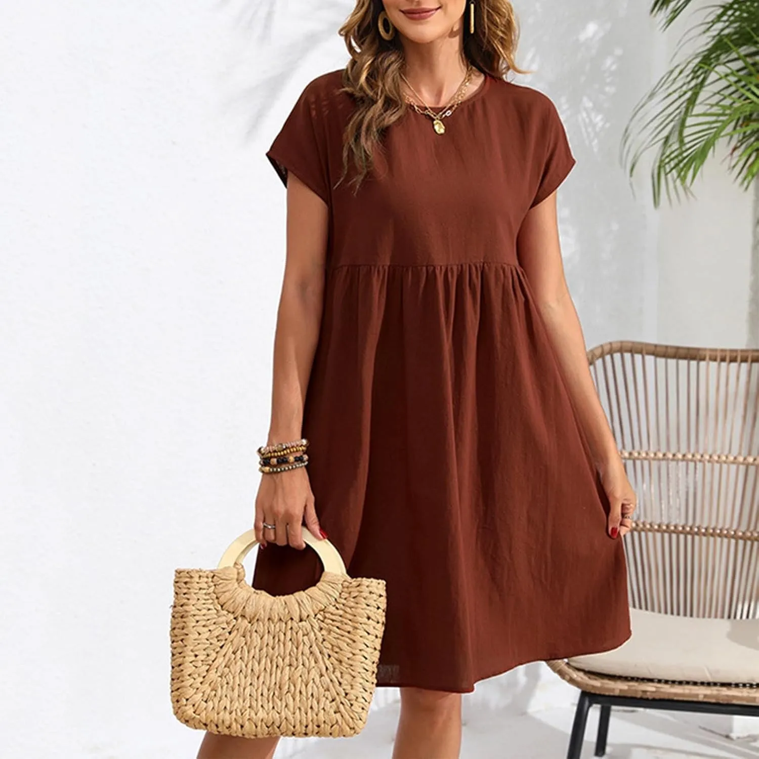 Cotton Linen Dresses for Women Casual Summer Short Sleeve Crew Neck Midi Dress Travel Vacation Beach Flowy Dress