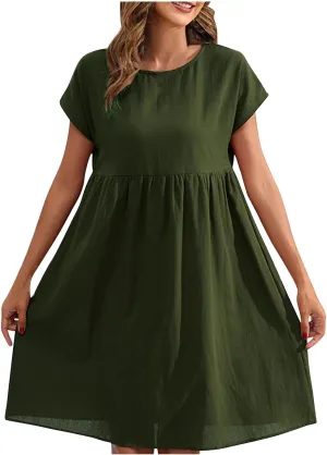 Cotton Linen Dresses for Women Casual Summer Short Sleeve Crew Neck Midi Dress Travel Vacation Beach Flowy Dress