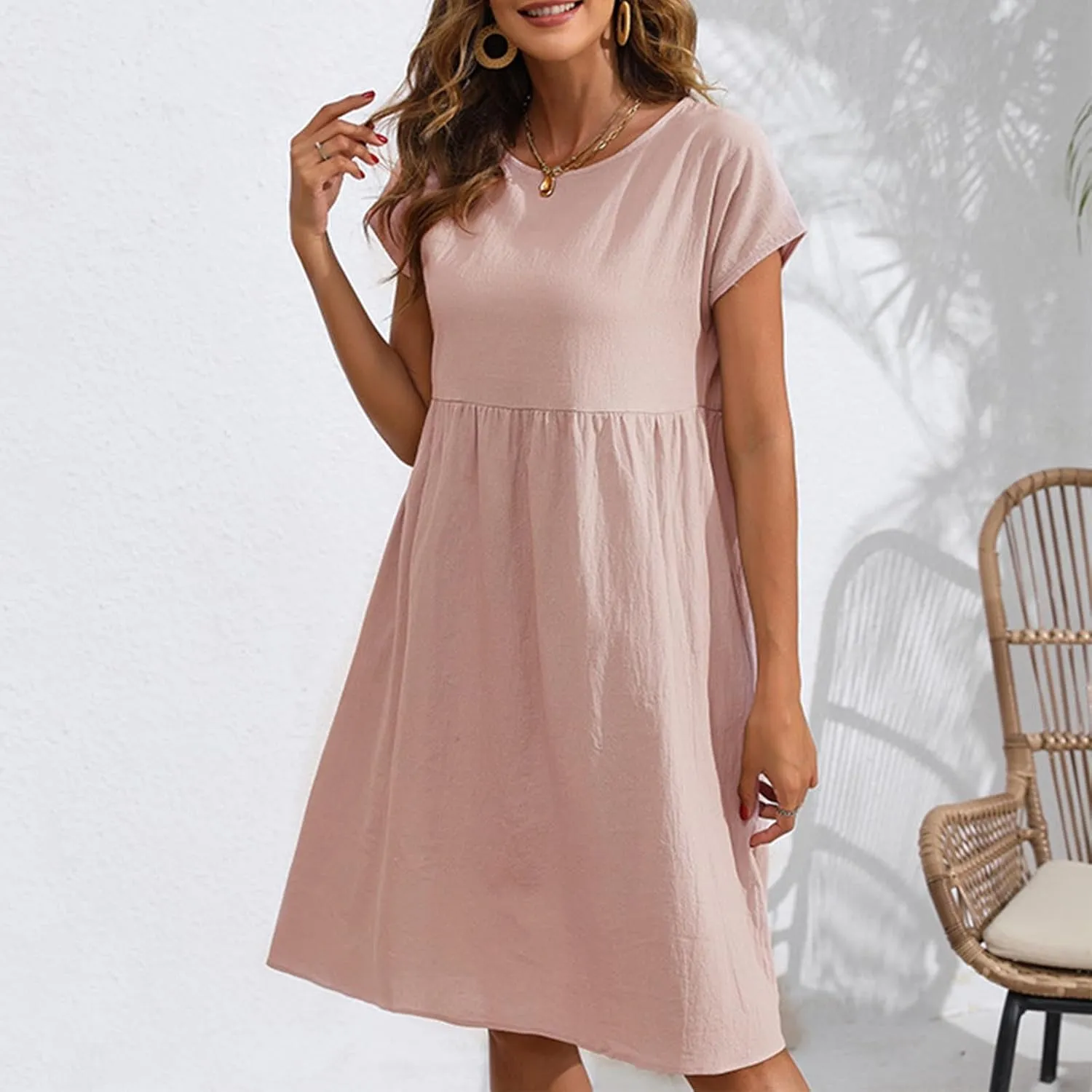 Cotton Linen Dresses for Women Casual Summer Short Sleeve Crew Neck Midi Dress Travel Vacation Beach Flowy Dress
