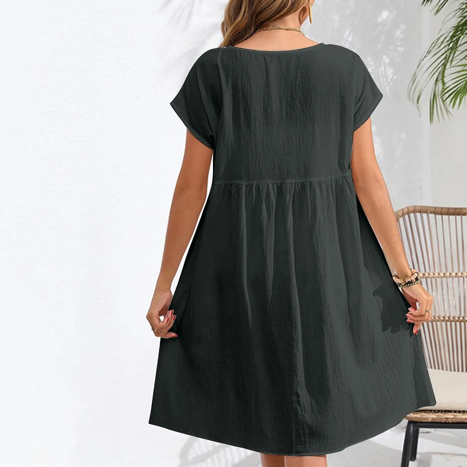 Cotton Linen Dresses for Women Casual Summer Short Sleeve Crew Neck Midi Dress Travel Vacation Beach Flowy Dress