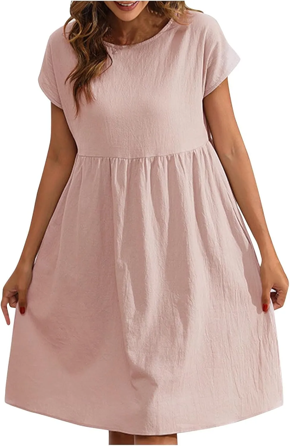 Cotton Linen Dresses for Women Casual Summer Short Sleeve Crew Neck Midi Dress Travel Vacation Beach Flowy Dress