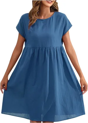 Cotton Linen Dresses for Women Casual Summer Short Sleeve Crew Neck Midi Dress Travel Vacation Beach Flowy Dress