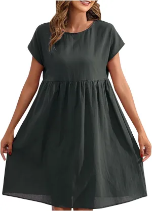 Cotton Linen Dresses for Women Casual Summer Short Sleeve Crew Neck Midi Dress Travel Vacation Beach Flowy Dress