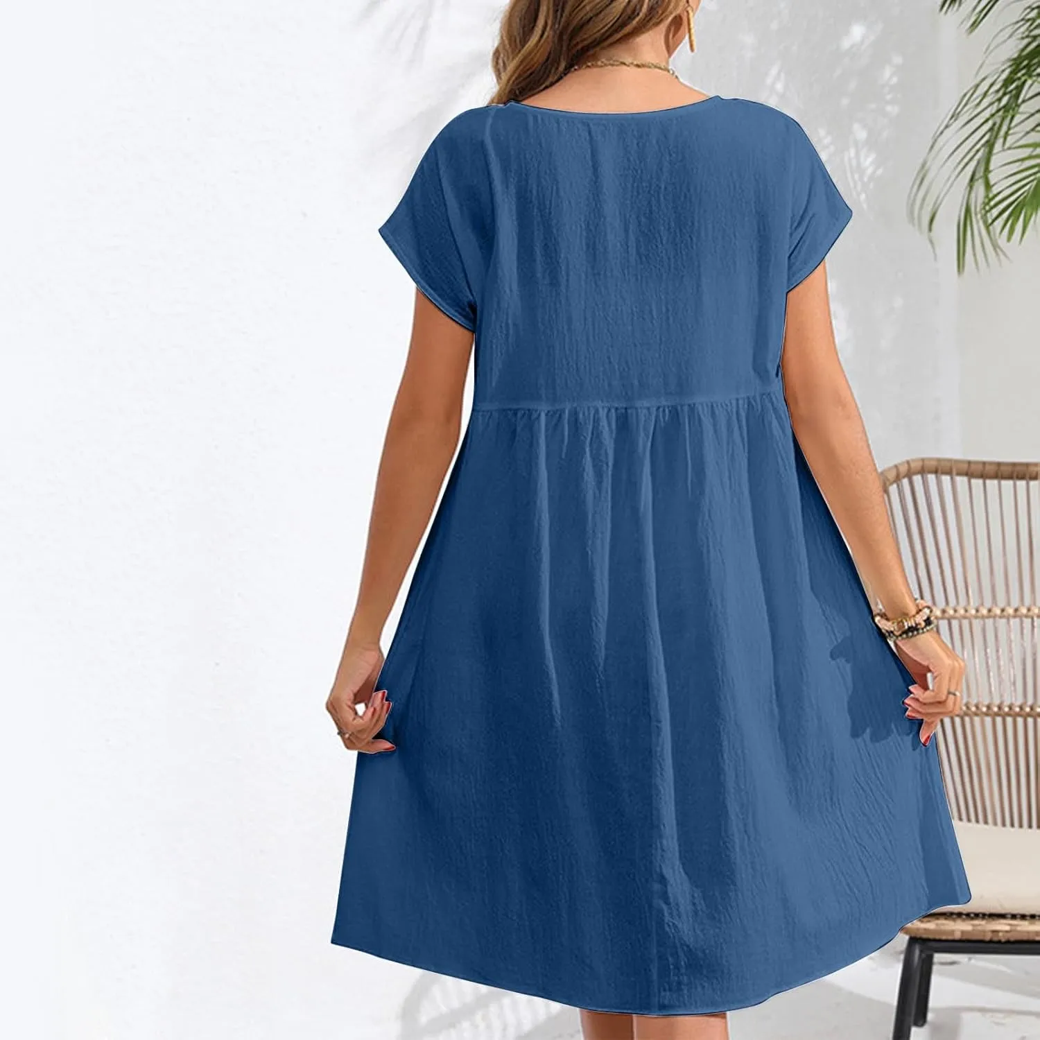 Cotton Linen Dresses for Women Casual Summer Short Sleeve Crew Neck Midi Dress Travel Vacation Beach Flowy Dress