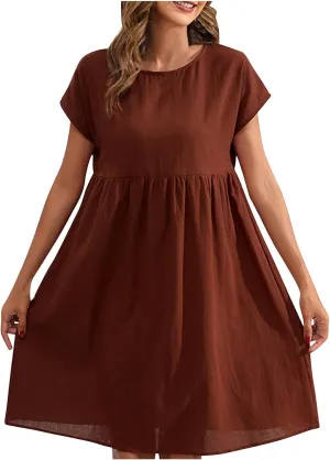 Cotton Linen Dresses for Women Casual Summer Short Sleeve Crew Neck Midi Dress Travel Vacation Beach Flowy Dress