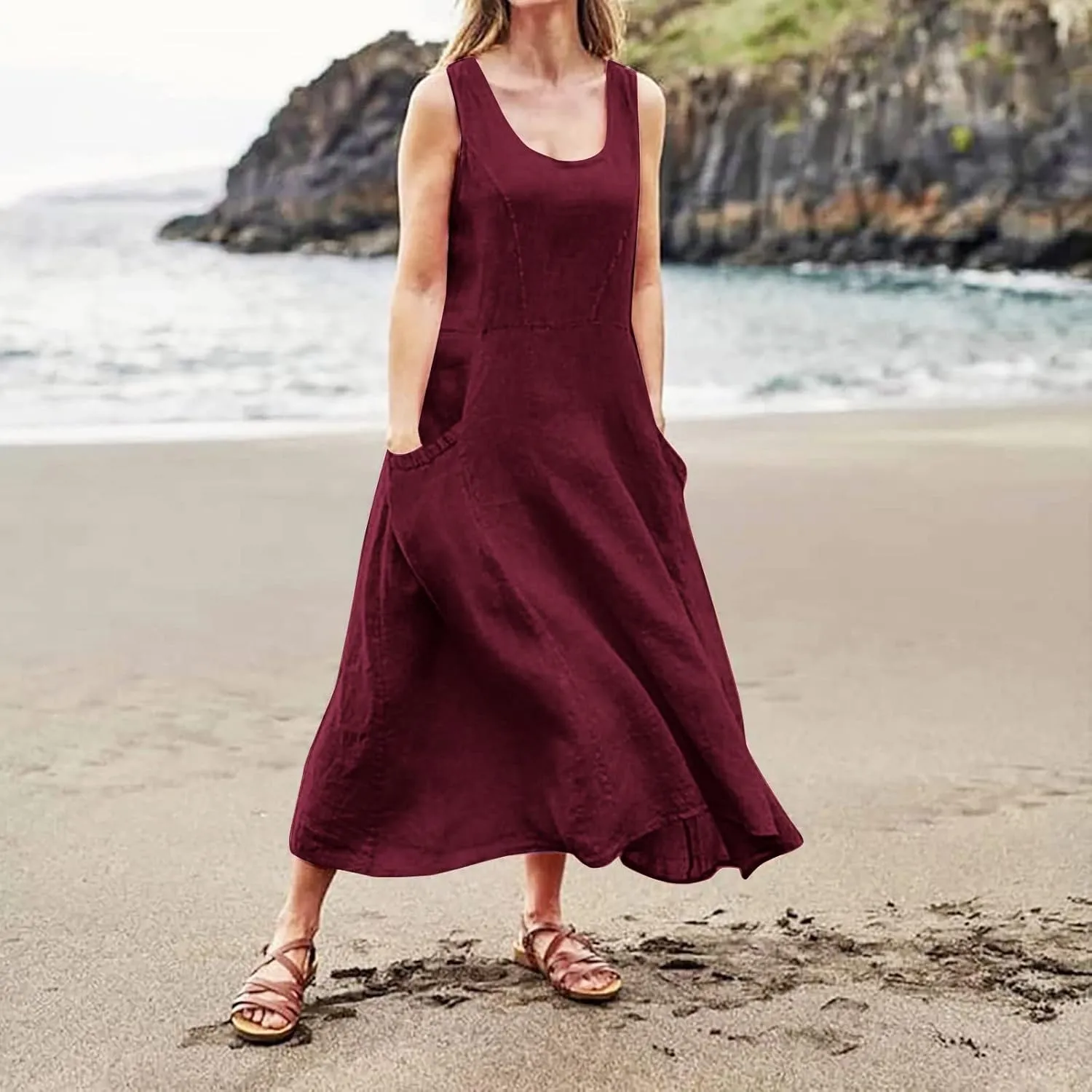Cotton Linen Dresses for Women,Maxi Sleeveless Dresses Summer Casual Print Cotton Linen Sundress with Pockets (S-3XL)