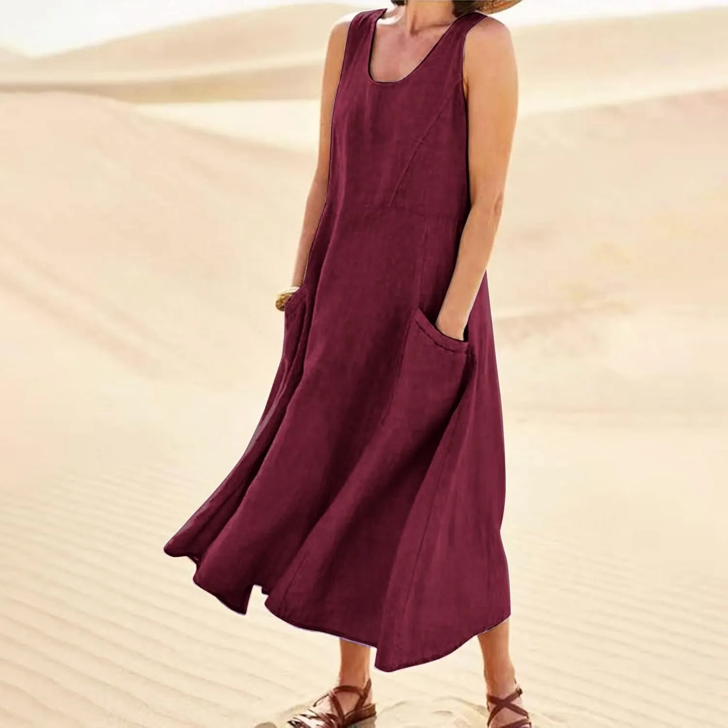 Cotton Linen Dresses for Women,Maxi Sleeveless Dresses Summer Casual Print Cotton Linen Sundress with Pockets (S-3XL)