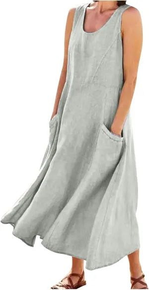 Cotton Linen Dresses for Women,Maxi Sleeveless Dresses Summer Casual Print Cotton Linen Sundress with Pockets (S-3XL)