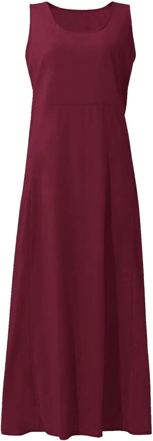 Cotton Linen Dresses for Women,Maxi Sleeveless Dresses Summer Casual Print Cotton Linen Sundress with Pockets (S-3XL)
