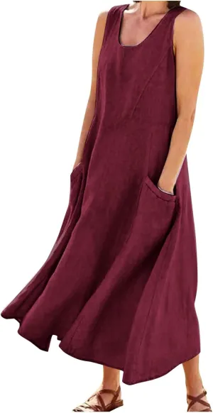Cotton Linen Dresses for Women,Maxi Sleeveless Dresses Summer Casual Print Cotton Linen Sundress with Pockets (S-3XL)