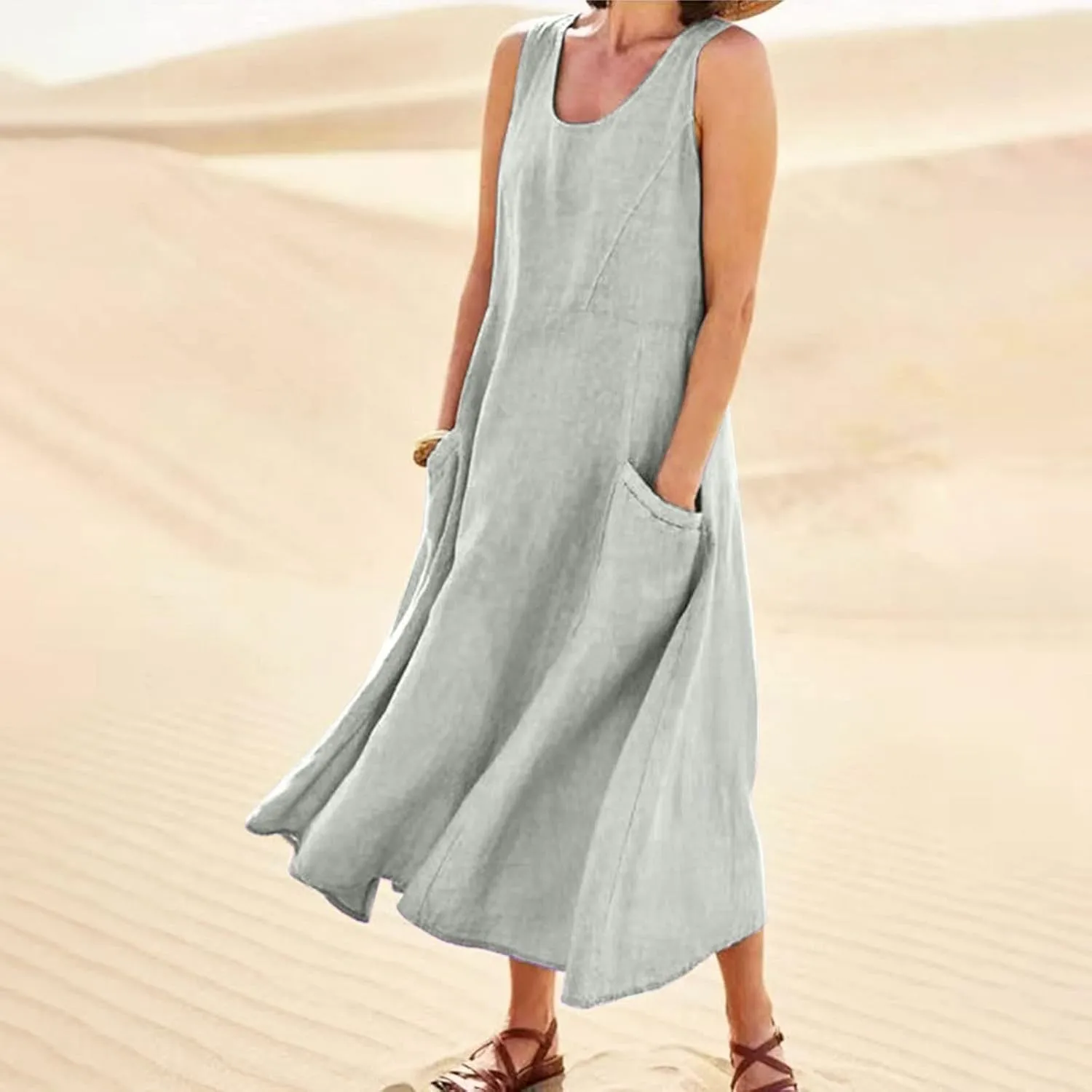 Cotton Linen Dresses for Women,Maxi Sleeveless Dresses Summer Casual Print Cotton Linen Sundress with Pockets (S-3XL)