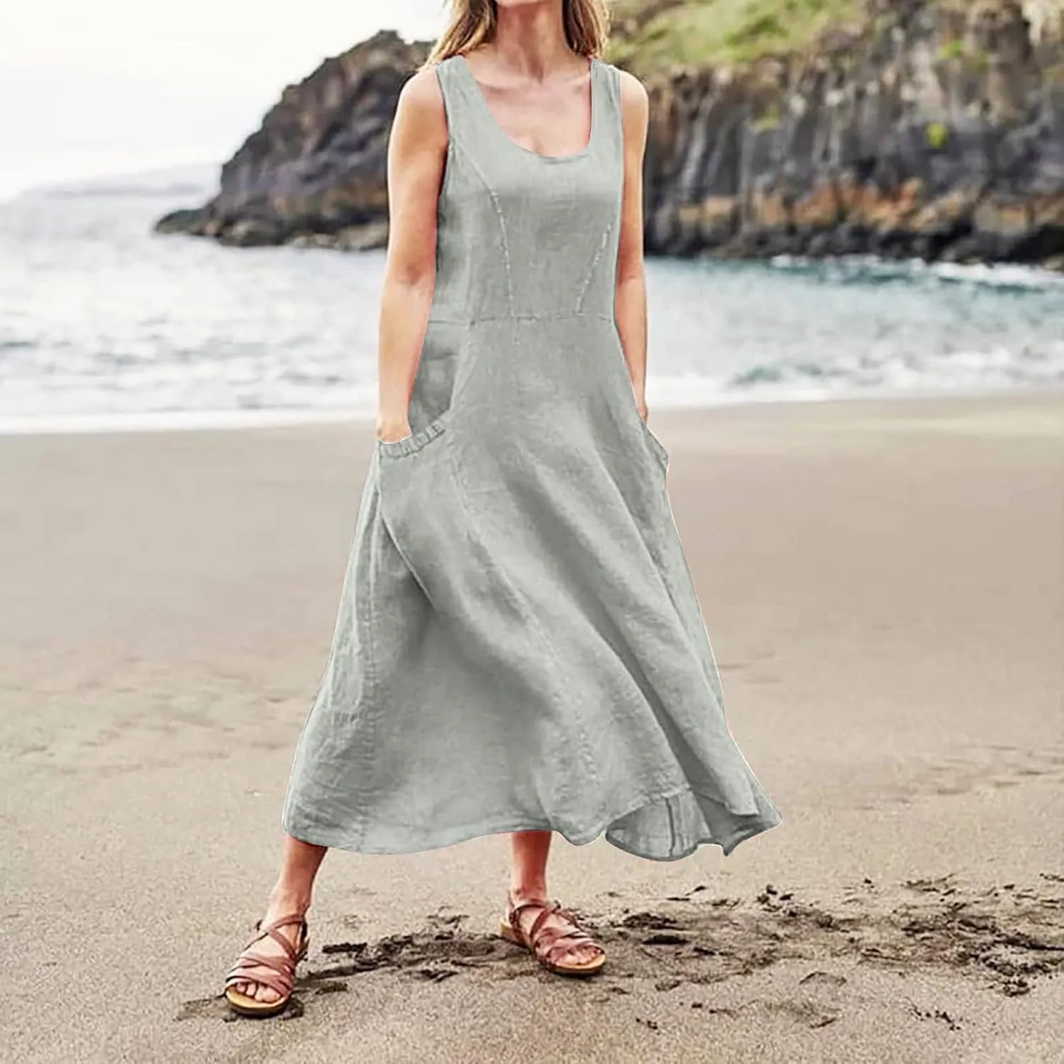 Cotton Linen Dresses for Women,Maxi Sleeveless Dresses Summer Casual Print Cotton Linen Sundress with Pockets (S-3XL)