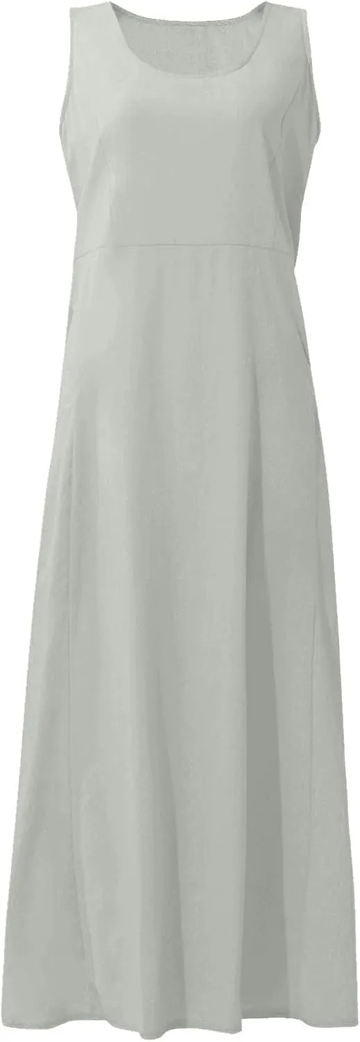 Cotton Linen Dresses for Women,Maxi Sleeveless Dresses Summer Casual Print Cotton Linen Sundress with Pockets (S-3XL)