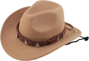Cowboy Hat for Women Men Western Felt Cowboy Cowgirl Hat Wide Brim Retro Classic Roll Up Fedora Hats with Belt Buckle