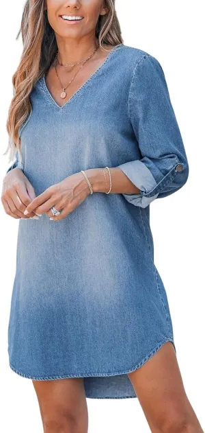 CUPSHE Women's Long Sleeve Denim Shirt Dress Casual V Neck Mini Distressed Roll Tab Jean Dresses