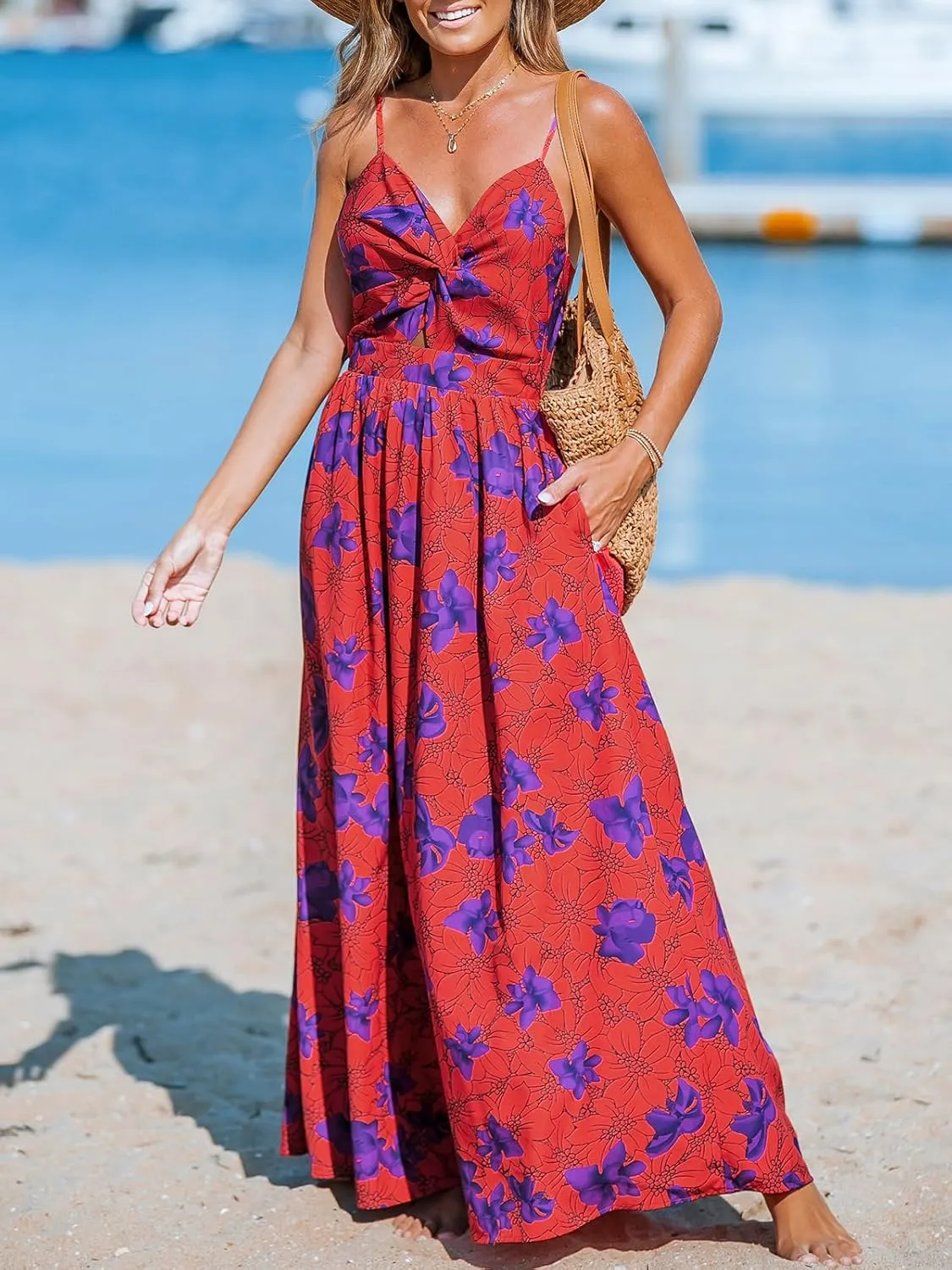 CUPSHE Women's Maxi Dress Floral Print Twisted V Neck Sleeveless Long Dress Summer Casual Dress