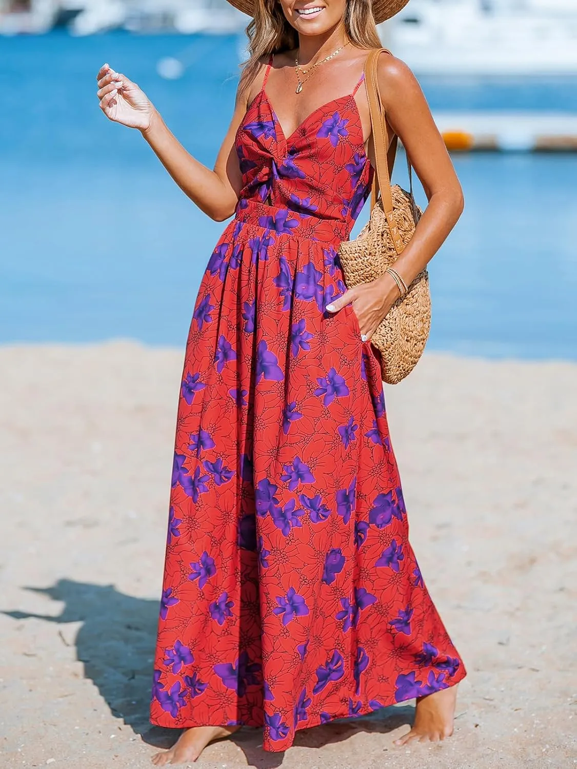 CUPSHE Women's Maxi Dress Floral Print Twisted V Neck Sleeveless Long Dress Summer Casual Dress