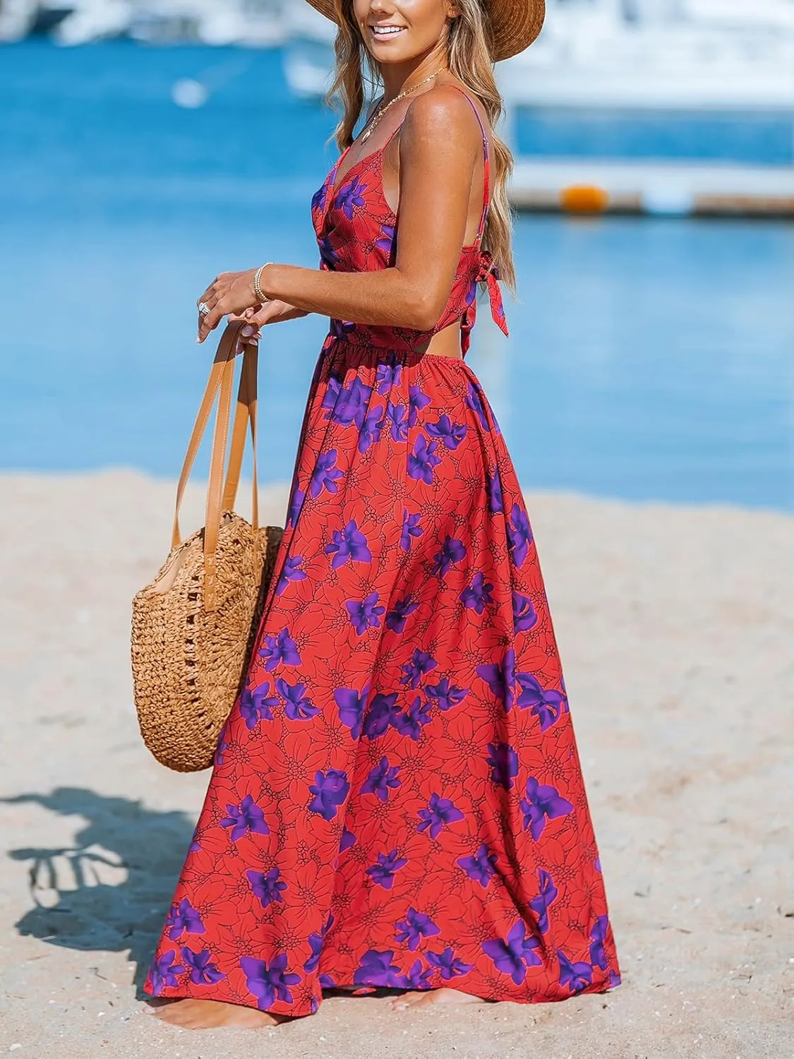 CUPSHE Women's Maxi Dress Floral Print Twisted V Neck Sleeveless Long Dress Summer Casual Dress