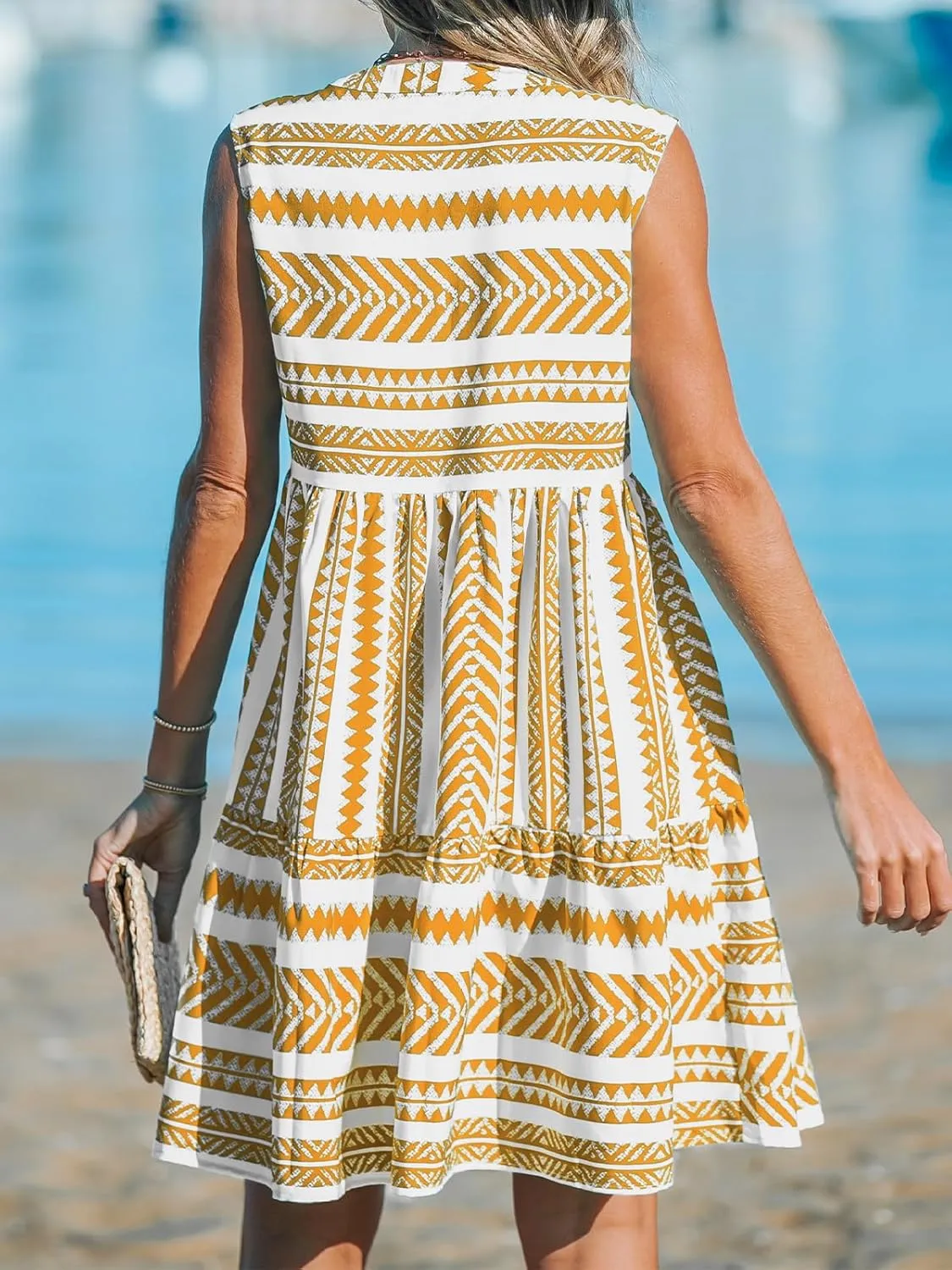 CUPSHE Women's Ruffle Beach Mini Dress Split V Neck A Line Sleeveless Geometric Stripe Tropical Leaf Pattern Summer Dresses