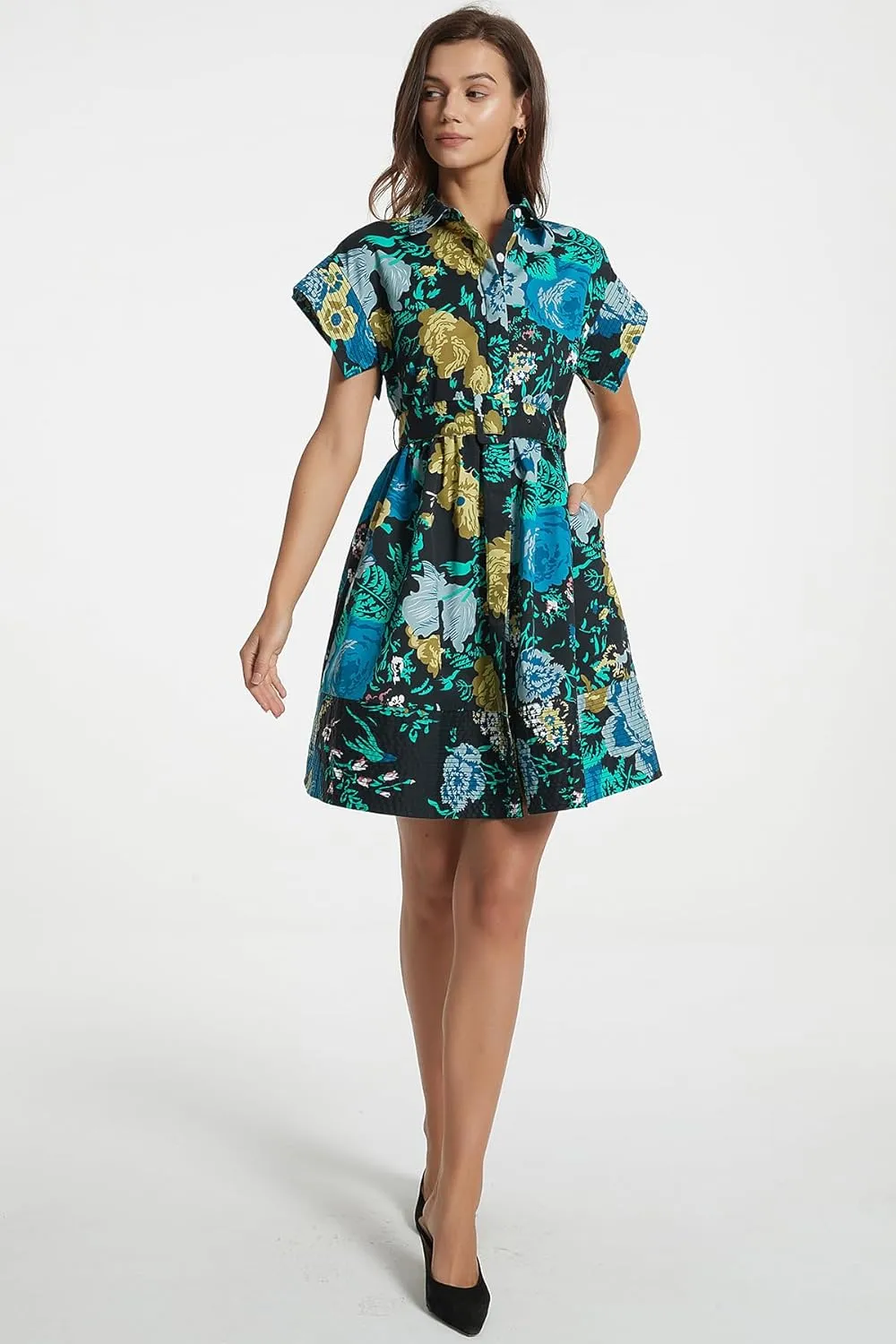D-Sun Women Button Down Shirt Dress V-Neck Floral Printed Short Sleeve Mini Dress Casual Belted Short Party with Pocket