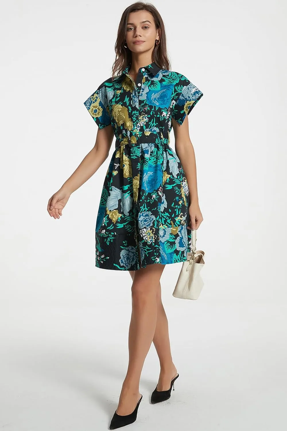 D-Sun Women Button Down Shirt Dress V-Neck Floral Printed Short Sleeve Mini Dress Casual Belted Short Party with Pocket