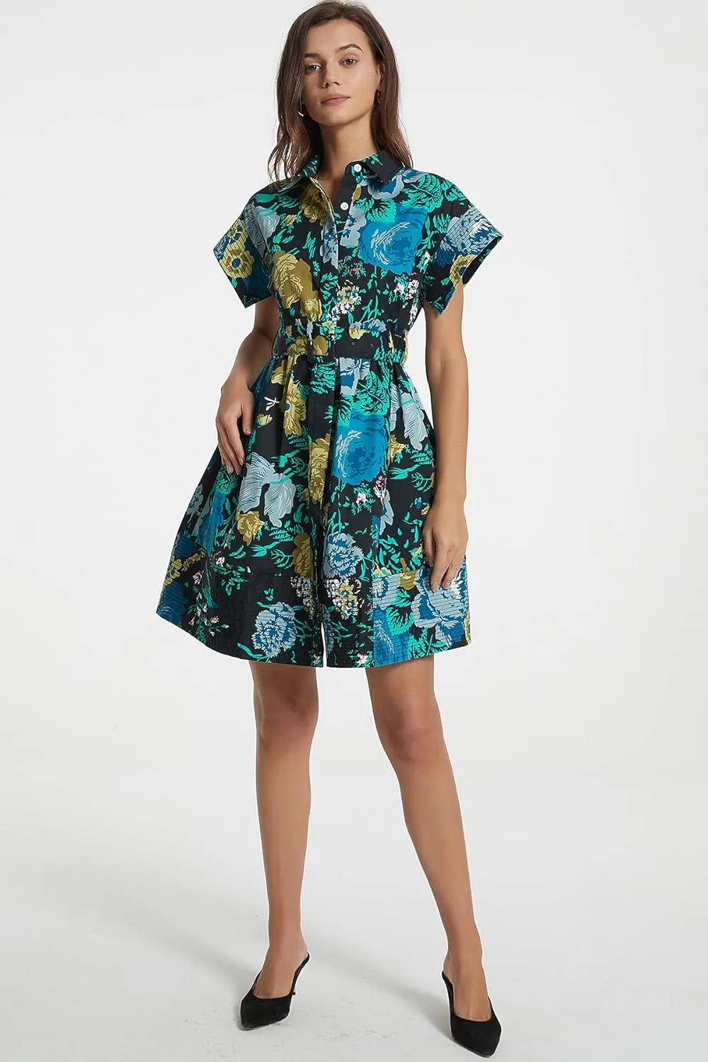 D-Sun Women Button Down Shirt Dress V-Neck Floral Printed Short Sleeve Mini Dress Casual Belted Short Party with Pocket