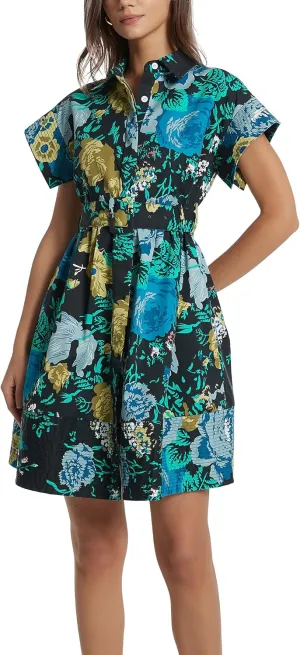 D-Sun Women Button Down Shirt Dress V-Neck Floral Printed Short Sleeve Mini Dress Casual Belted Short Party with Pocket