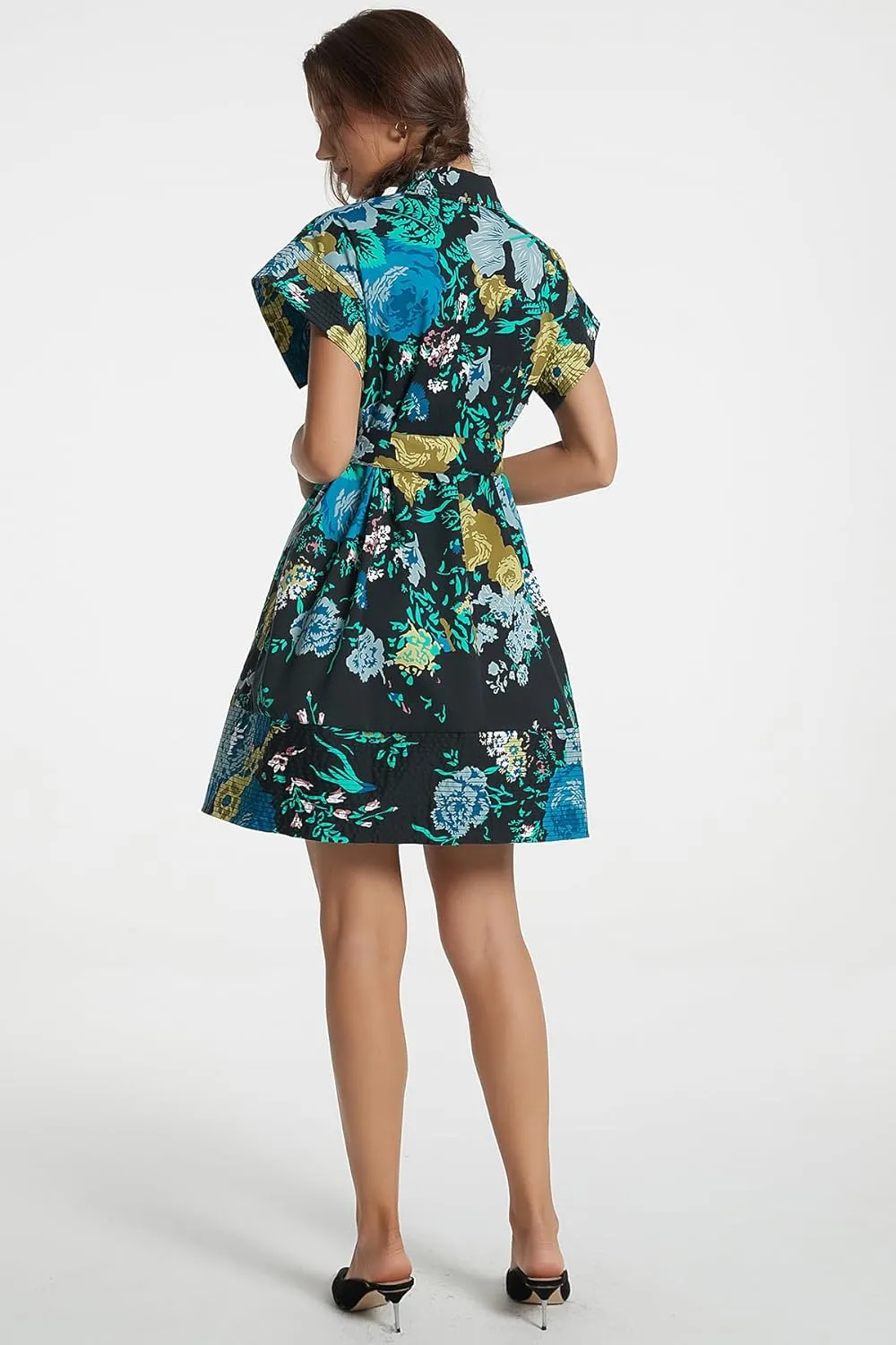 D-Sun Women Button Down Shirt Dress V-Neck Floral Printed Short Sleeve Mini Dress Casual Belted Short Party with Pocket