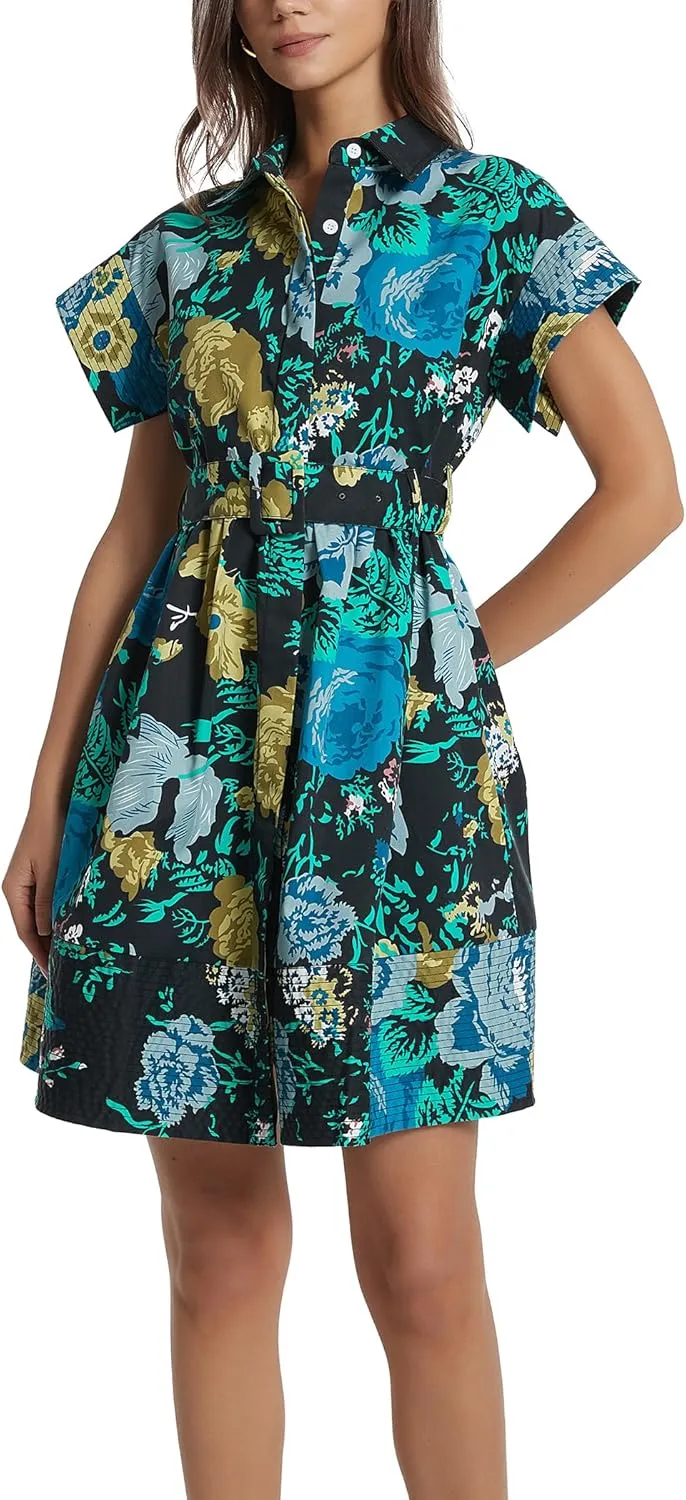 D-Sun Women Button Down Shirt Dress V-Neck Floral Printed Short Sleeve Mini Dress Casual Belted Short Party with Pocket