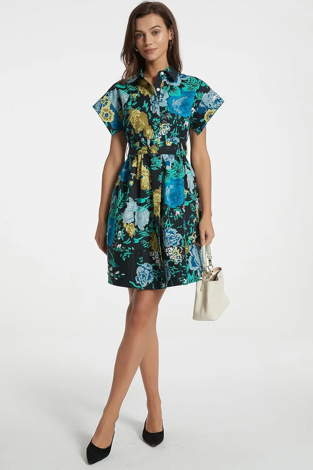 D-Sun Women Button Down Shirt Dress V-Neck Floral Printed Short Sleeve Mini Dress Casual Belted Short Party with Pocket