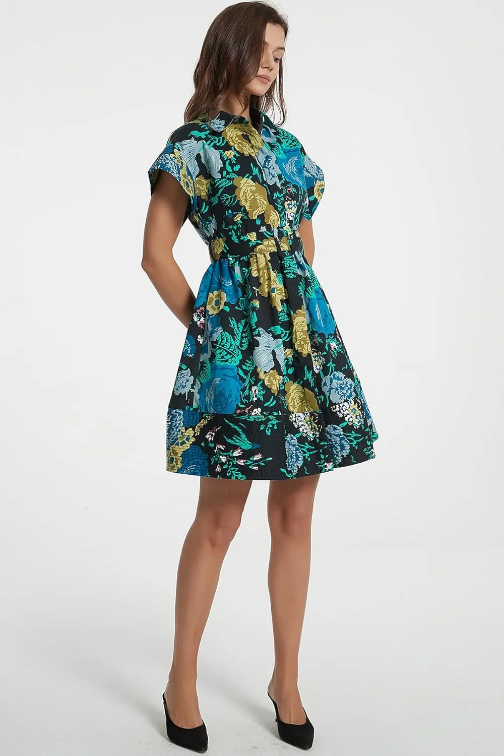 D-Sun Women Button Down Shirt Dress V-Neck Floral Printed Short Sleeve Mini Dress Casual Belted Short Party with Pocket