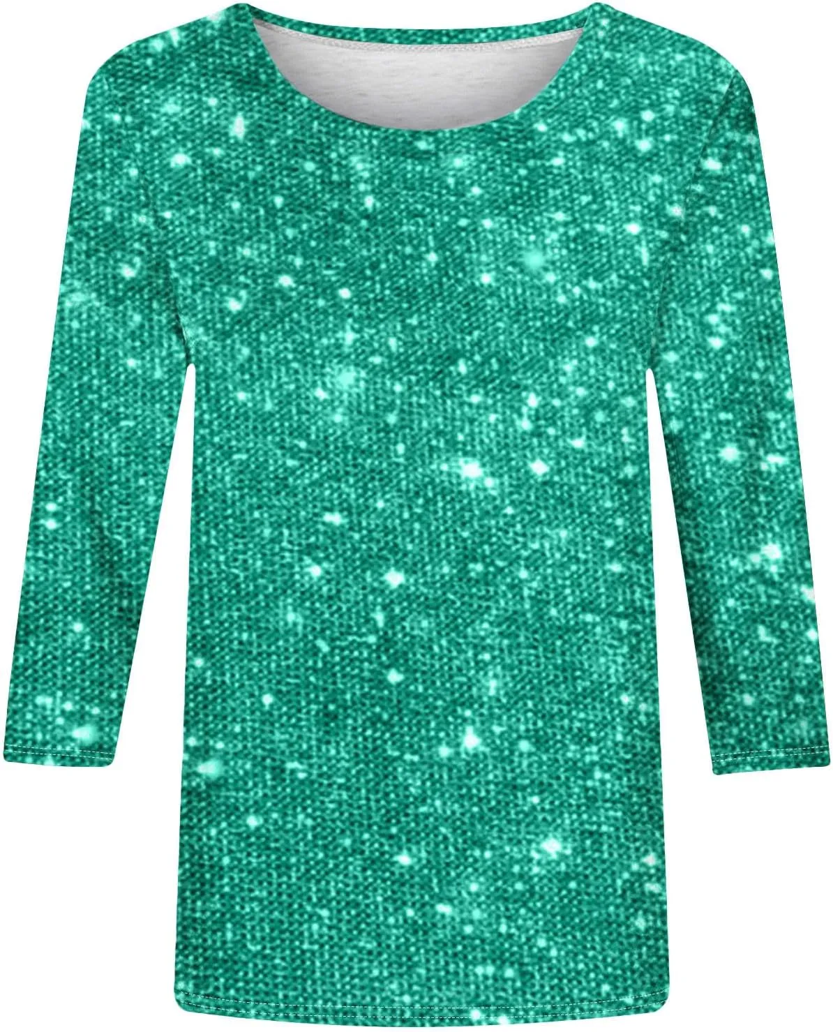DASAYO Womens 3/4 Sleeve Shirts Crewneck Shinny Sequin Print Fashion 2024 Loose Fit Plus Size Glitter Tops for Women