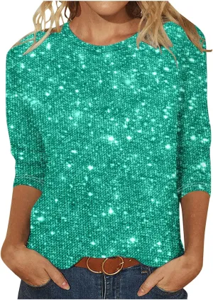 DASAYO Womens 3/4 Sleeve Shirts Crewneck Shinny Sequin Print Fashion 2024 Loose Fit Plus Size Glitter Tops for Women