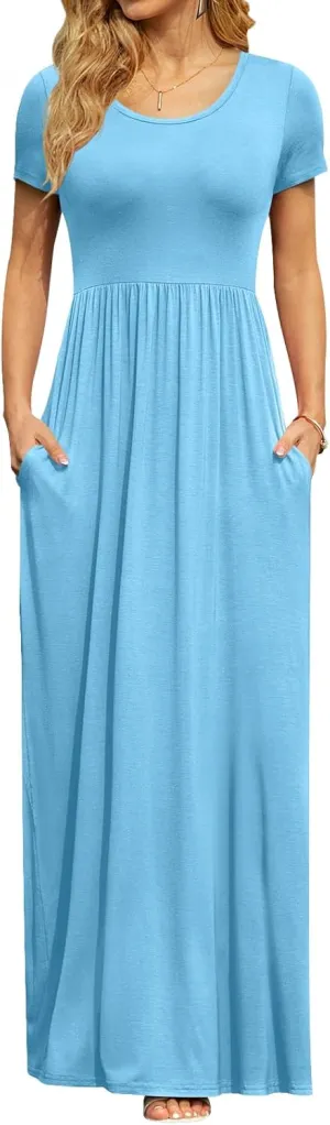 DB MOON Womens Maxi Dresses Plus Size Casual Short Sleeve & Pockets Empire Waist Long Dress 4XL, Light Blue