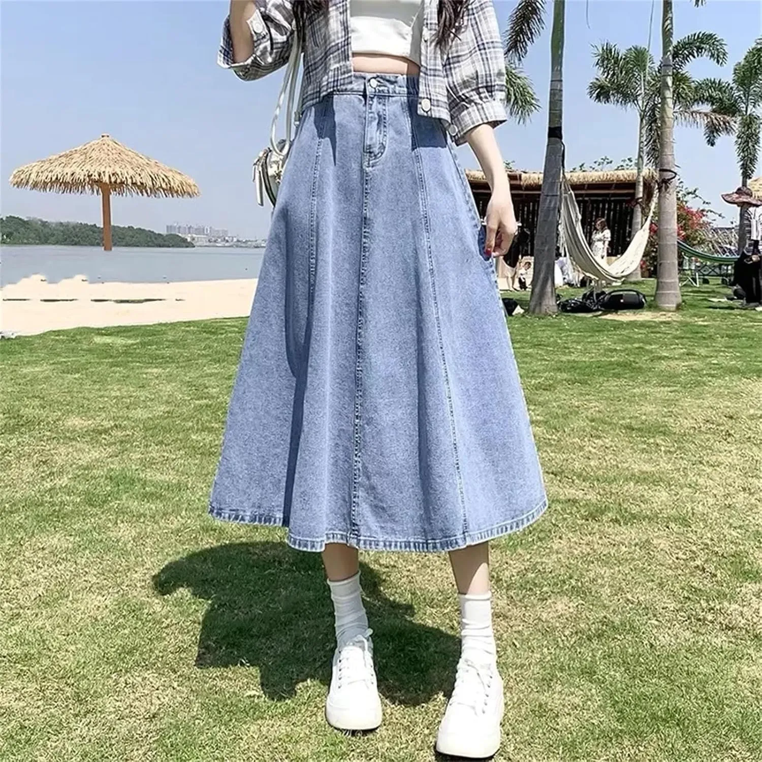 Dcvmvmn Denim Skirt for Women's High-Waisted Pleated A- Line Umbrella Skirt Medium-Length Slimming Long Half Dress