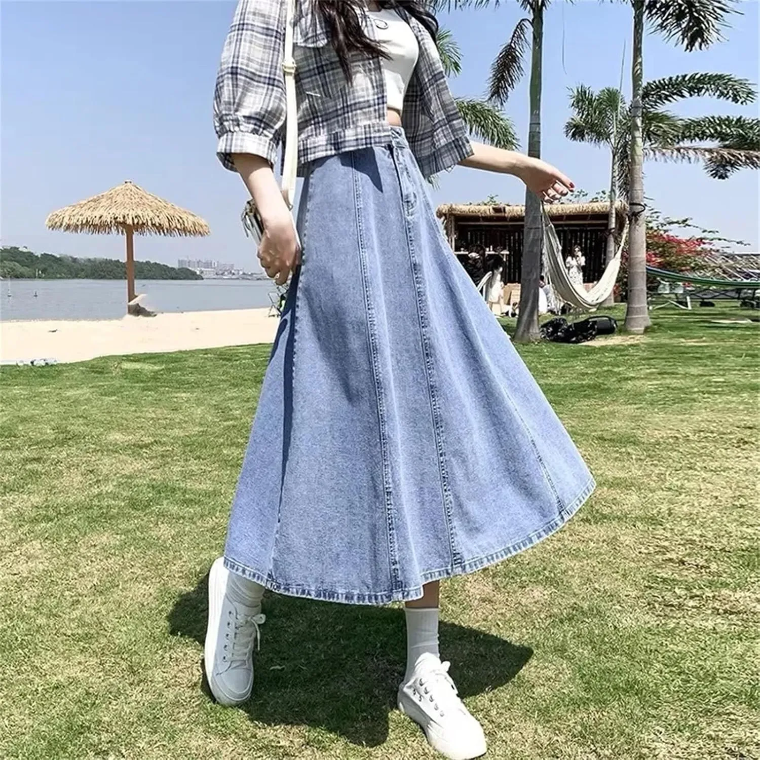 Dcvmvmn Denim Skirt for Women's High-Waisted Pleated A- Line Umbrella Skirt Medium-Length Slimming Long Half Dress