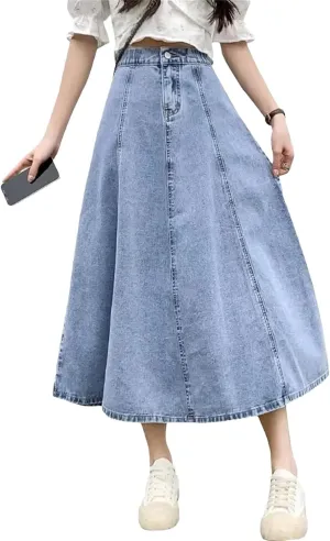 Dcvmvmn Denim Skirt for Women's High-Waisted Pleated A- Line Umbrella Skirt Medium-Length Slimming Long Half Dress