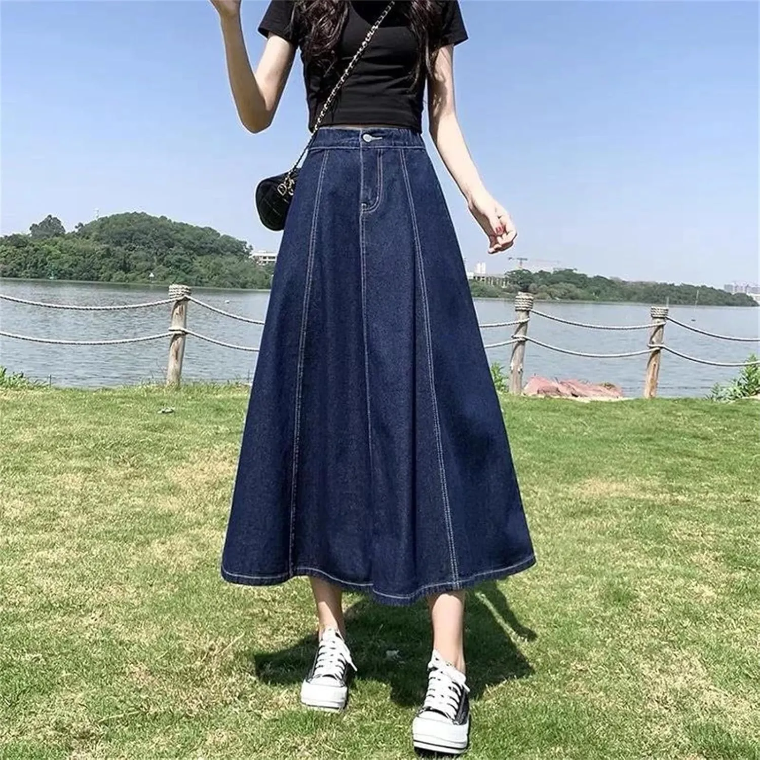 Dcvmvmn Denim Skirt for Women's High-Waisted Pleated A- Line Umbrella Skirt Medium-Length Slimming Long Half Dress
