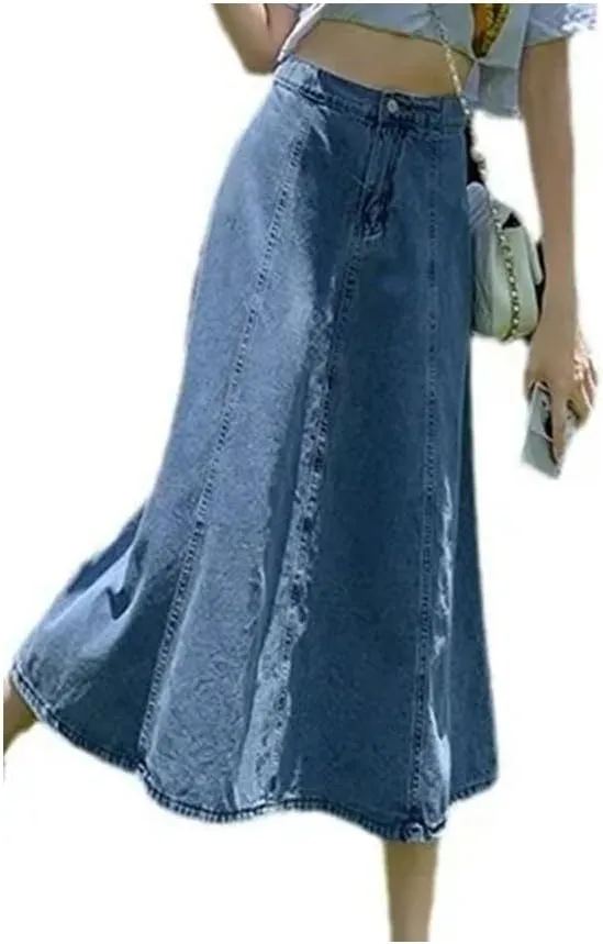 Dcvmvmn Denim Skirt for Women's High-Waisted Slimming Medium-Length A- Line Long Umbrella Half Dress