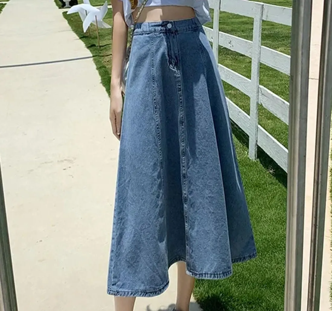 Dcvmvmn Denim Skirt for Women's High-Waisted Slimming Medium-Length A- Line Long Umbrella Half Dress
