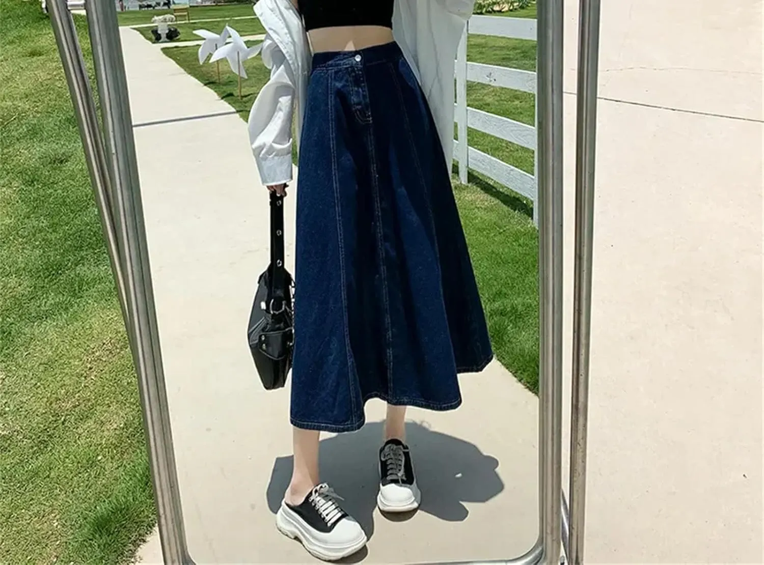 Dcvmvmn Denim Skirt for Women's High-Waisted Slimming Medium-Length A- Line Long Umbrella Half Dress