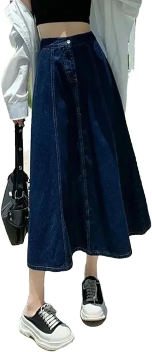 Dcvmvmn Denim Skirt for Women's High-Waisted Slimming Medium-Length A- Line Long Umbrella Half Dress