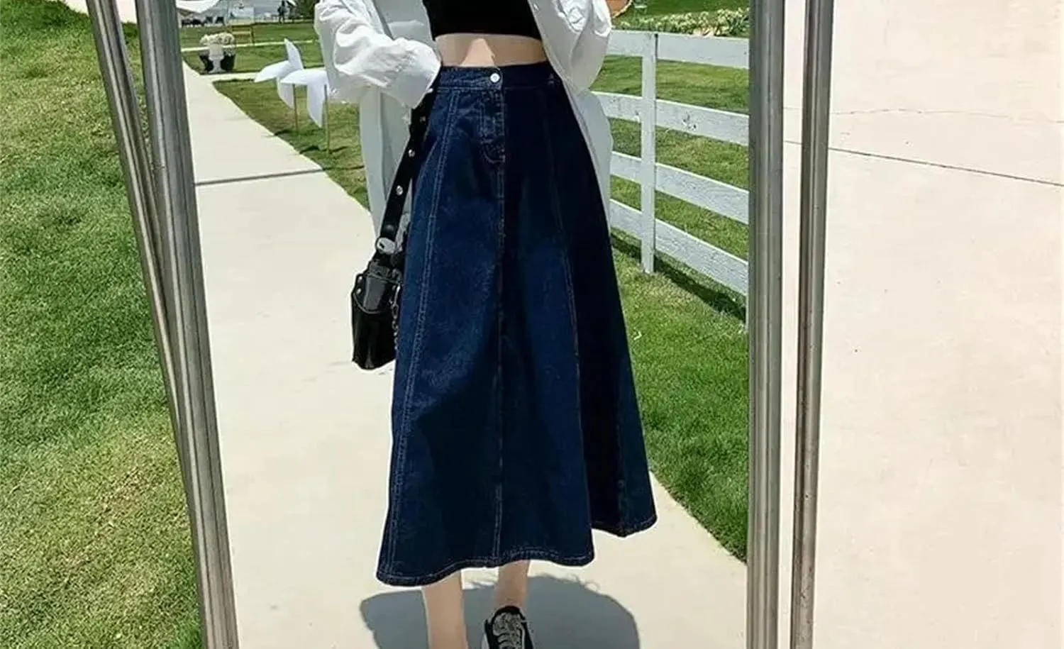 Dcvmvmn Denim Skirt for Women's High-Waisted Slimming Medium-Length A- Line Long Umbrella Half Dress